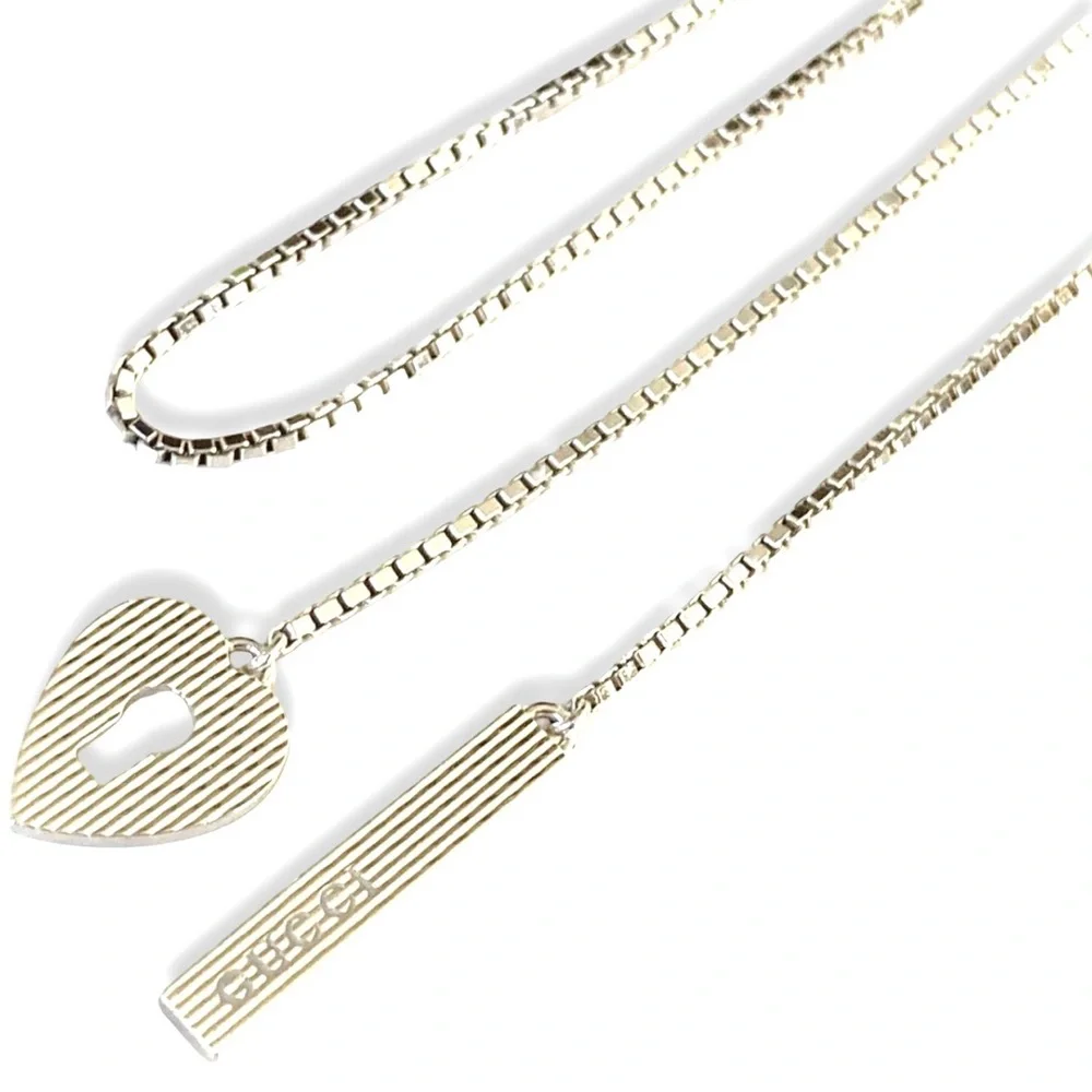 Gucci Sterling Silver Lariat Style Keyhole Necklace with Heart and Bar Pendant - Picture 3 of 6